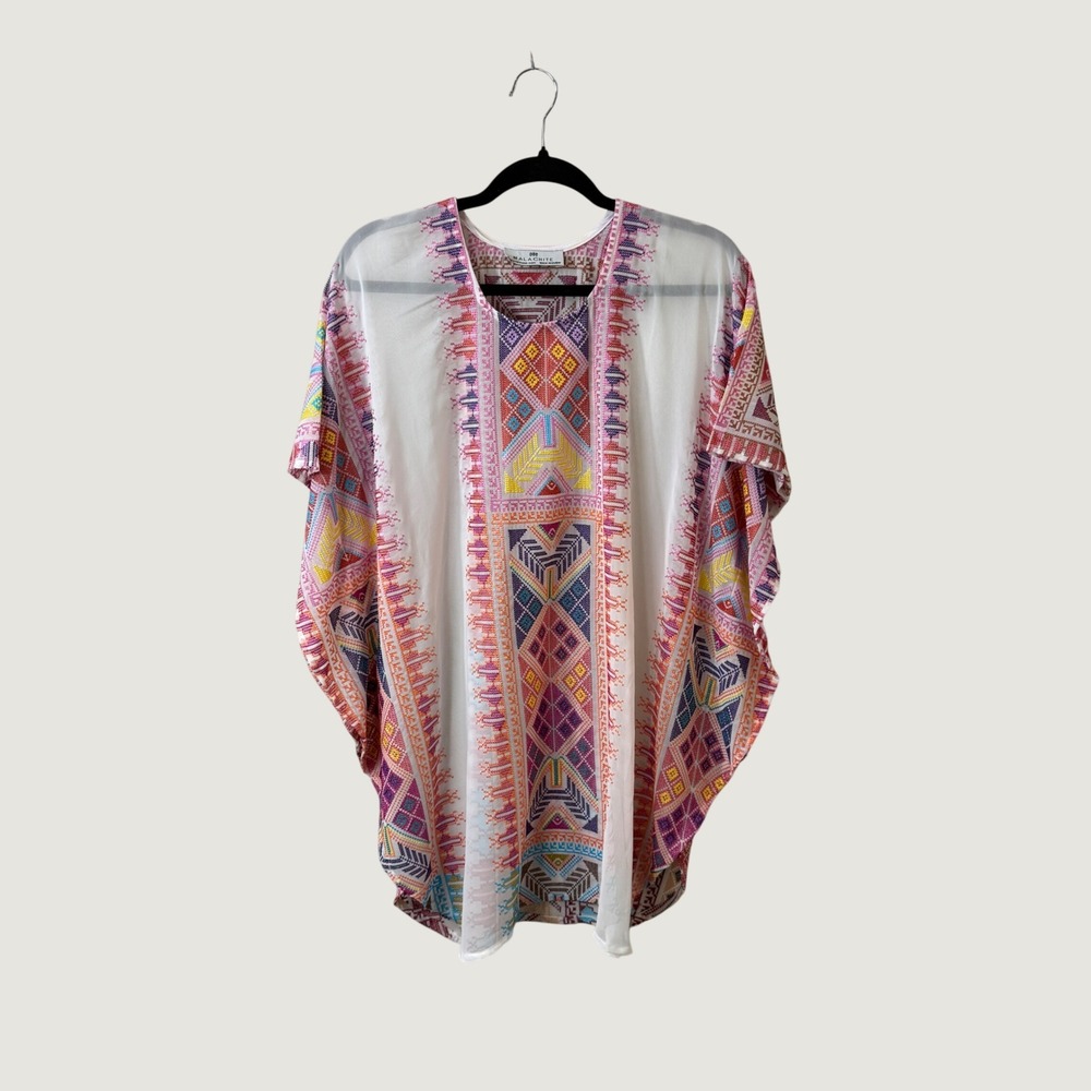 Malachite Women White Multi Color Tribal Embroidered Sheer Kaftan Top Dubai O/S